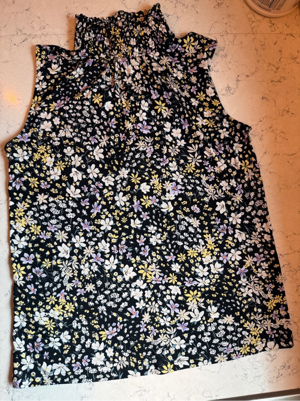 Ann Taylor Black Floral Smocked Neck Top with Yellow & Lavender Accents